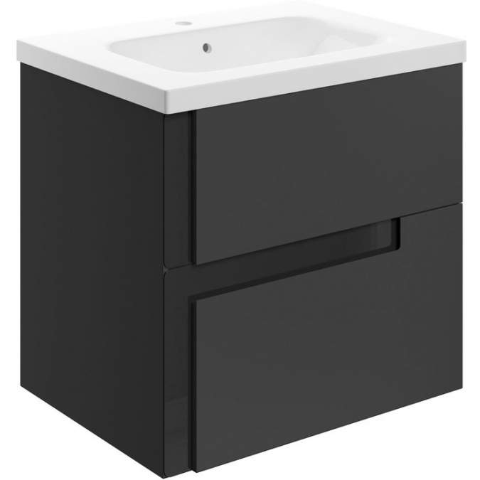 Jux Wall Hung 2 Drawer Basin Unit & White Basin 615mm - Matt Black & Glass