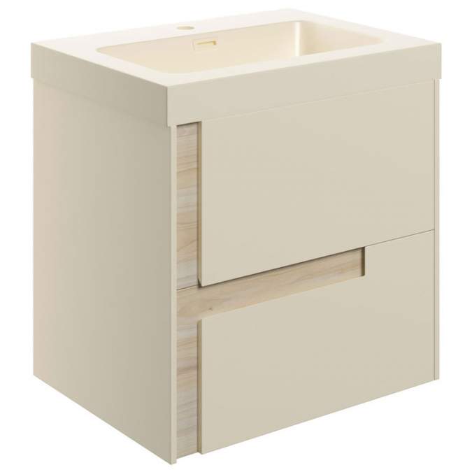 Jux Wall Hung 2 Drawer Basin Unit & Co-ordinating Basin 605mm - Matt Cotton & Oak Effect