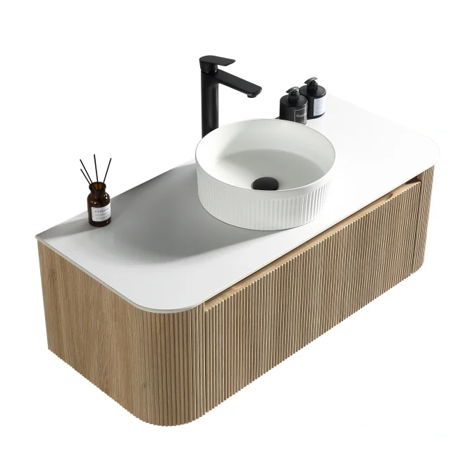 Flauto Curve Country Oak Fluted 1070mm Wall Hung Vanity Basin Unit With Countertop