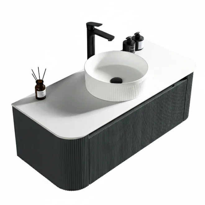 Flauto Smoked Sage Fluted 1070mm Wall Hung Vanity Basin Unit With Countertop