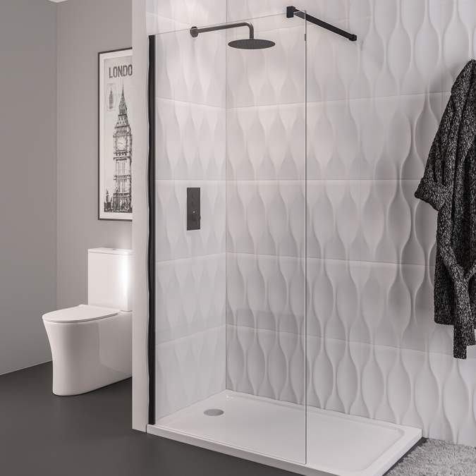 Vantage 8mm, 1200mm Matt Black Walk In Shower Screen - Eastbrook