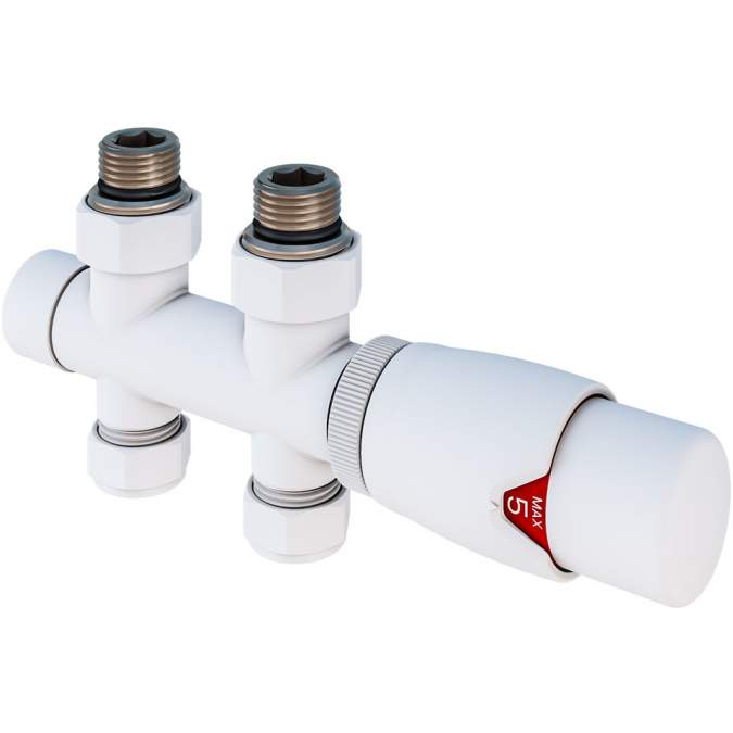 Straight Twin inlet Thermostatic Radiator Valve 15mm Gloss White