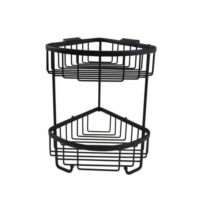 Roman Matt Black Double Corner Shower Basket with Hooks - RSB05B