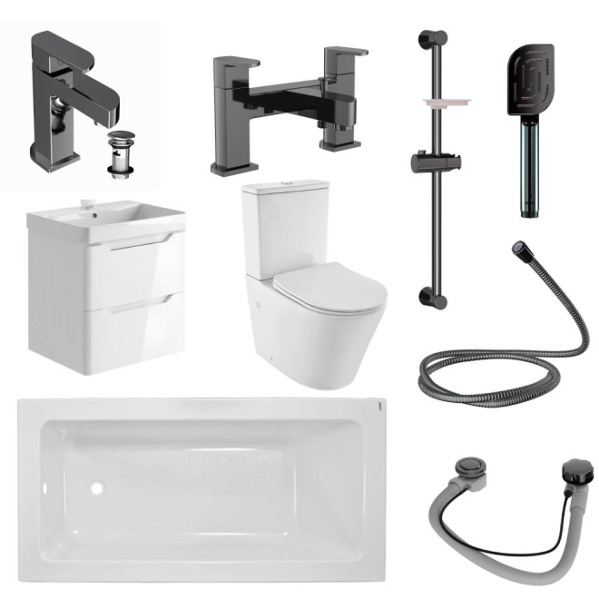 Jaquar Alive Complete Bathroom Suite In Black Chrome 1700mm Bath & Gloss White Wall Hung Vanity Unit