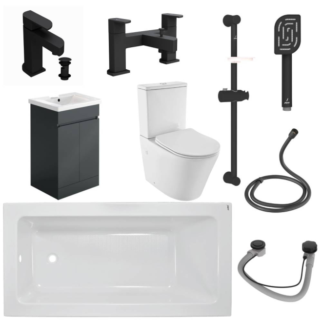 Jaquar Alive Complete Bathroom Suite In Matt Black including Matt Anthracite Vanity Unit & 1700mm Bath
