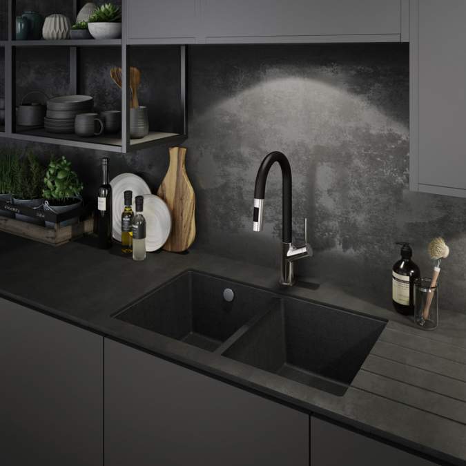 Abode Matrix Square GR15 2 Bowl Granite Undermount Sink - Grey Metallic