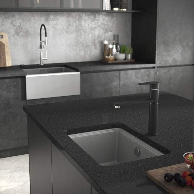 Abode Denton Compact 1 Bowl Undermount Granite Kitchen Sink - Grey Metallic