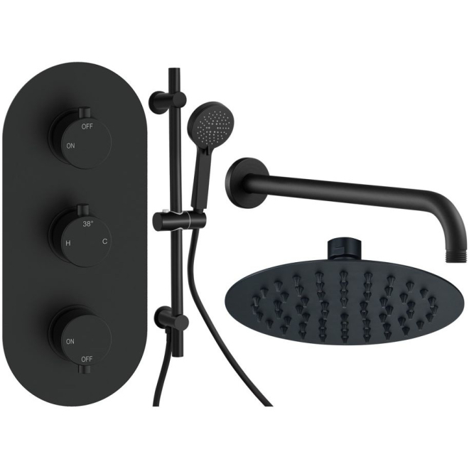 Alabio Round Matt Black Shower Valve with Slider Rail and Overhead Rain Shower
