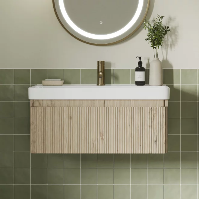 Ancona 605mm Fluted Textured Oak 1 Drawer Wall Hung Vanity Unit with Basin