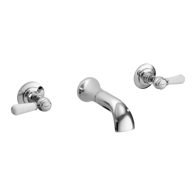 Bayswater White And Chrome Wall Mounted Basin Mixer Hex Collar Lever Tap
