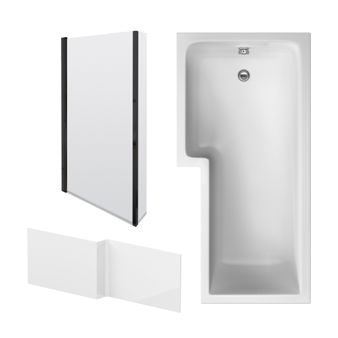 Nuie 1700 x 850mm L Shaped Left Hand Shower Bath, Screen and Panel