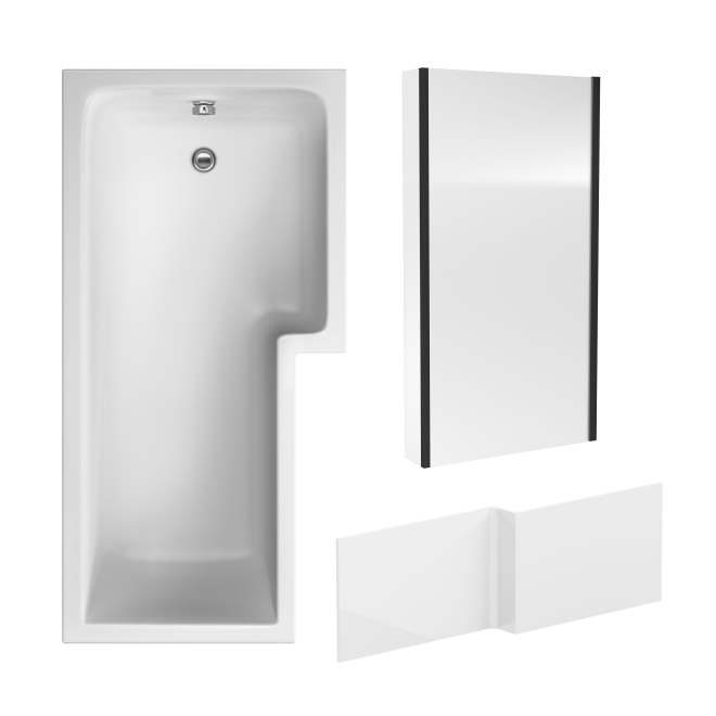 Nuie 1700 x 850mm Right Hand L Shaped Shower Bath, Screen and Side Panel