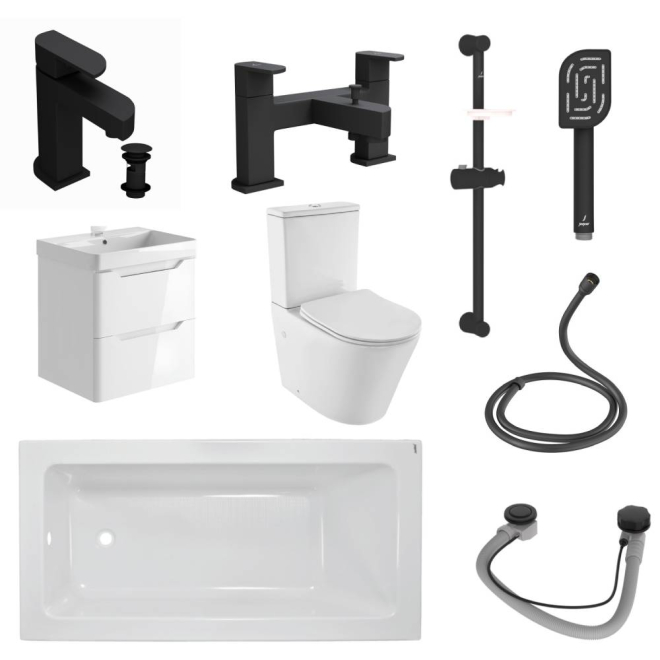 Jaquar Alive Complete Bathroom Suite In Black Matt 1700mm Bath & Gloss White  Wall Hung Vanity Unit