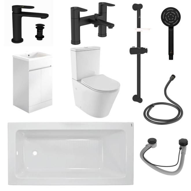 Jaquar Opal Prime Complete Bathroom Suite In Matt Black 1700mm Bath & 500MM White Gloss Vanity Unit