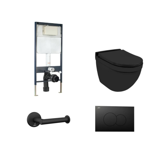 Jaquar Black Matt  Solo Wall Hung Toilet With Slim Cistern & Black Matt Accessories