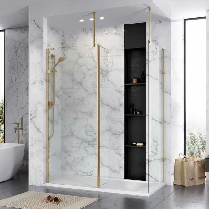 Roman Liberty 857mm Brushed Brass Wetroom Panel with Clear Glass Corner