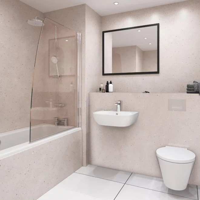 Nuance Doux Lime Quartz Eggshell Waterproof Shower Panel by Bushboard