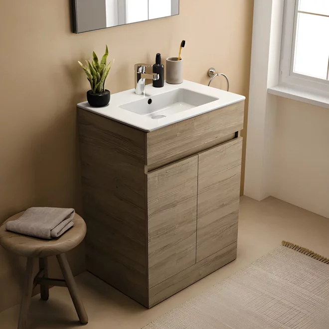 Ideal Standard Eurovit+ 600mm Natural Oak Freestanding 2 Door Unit and Basin
