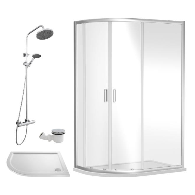 Nuie Rene Chrome 1200 x 800mm Left Hand Offset Quadrant Enclosure, Tray, Thermostatic Shower & Waste