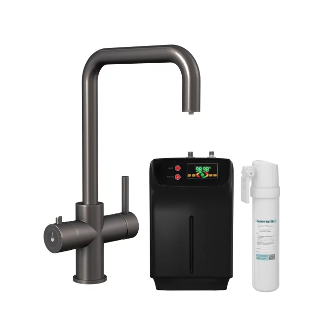 Caliente 3 in 1 Gun Metal Square Spout Boiling Water Tap Inc Filter & Boiler