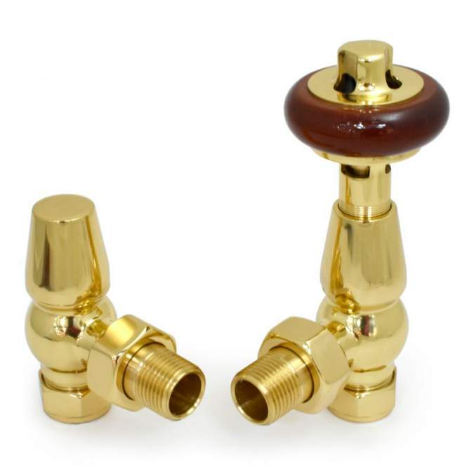 DQ Enzo TRV Angle with Brown Heads in Polished Brass Radiator Valves