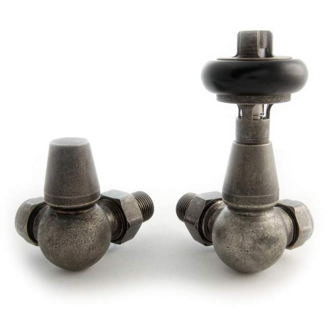 DQ Enzo TRV Corner with Black Heads in Pewter Radiator Valves