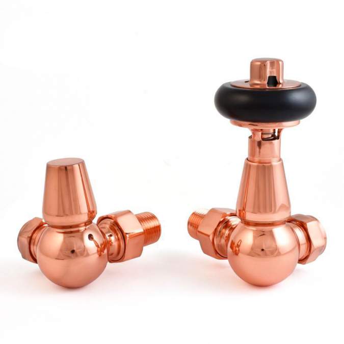 DQ Enzo TRV Corner with Black Heads in Polished Copper Radiator Valves