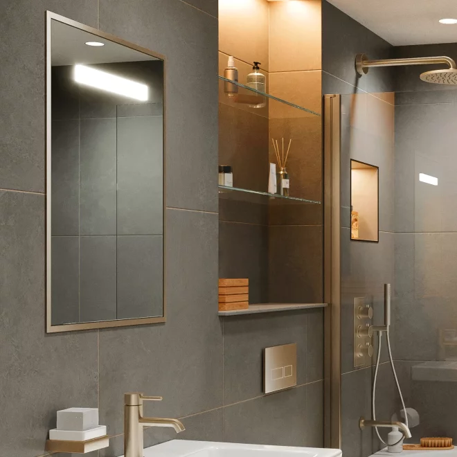 Abacus Recessed Cabinet with Mirror and Shelves - Brushed Brass Surround