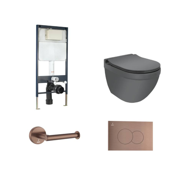 Jaquar Grey Solo Wall Hung Toilet With Slim Cistern & Antique Copper Accessories 