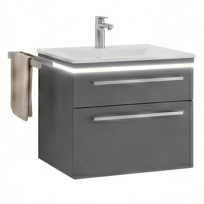 Icarus Straight LED 600 Matt Quartz Grey Wall Hung Bathroom Vanity Unit & Basin