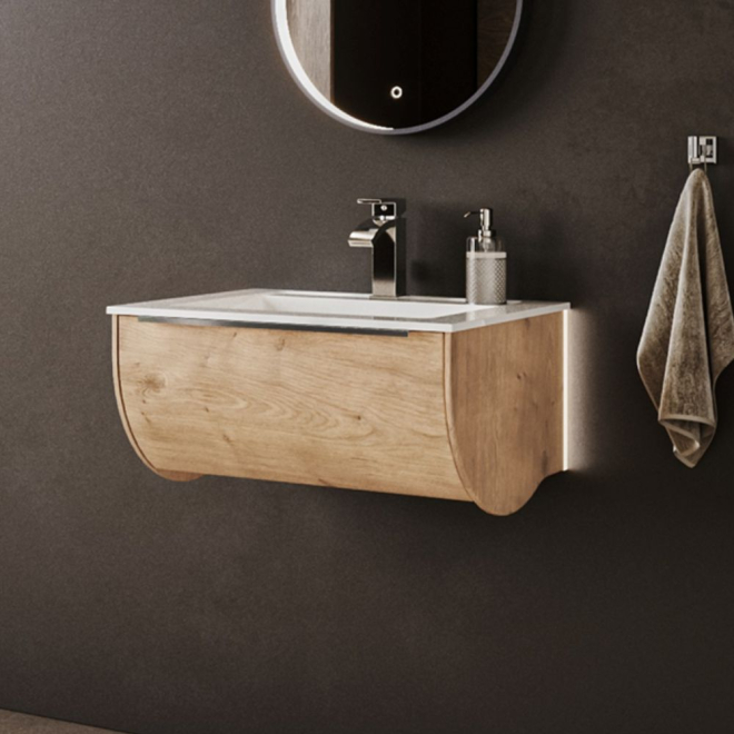 Icarus Round 600 Natural Oak Wall Hung Vanity Unit And Basin