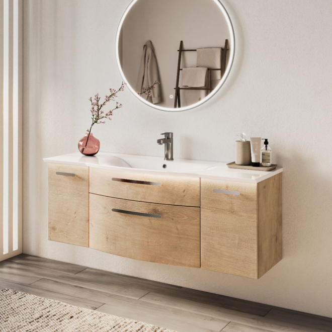 Icarus Curve 1300 Natural Oak Wall Hung Vanity Unit And Basin