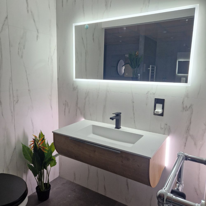 Icarus Round LED 900mm Natural Oak Wall Hung Vanity Unit & Basin