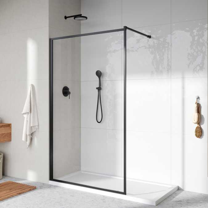 Roman Innov8 1200 Matt Black Framed Wet Room Clear Glass Panel 8mm