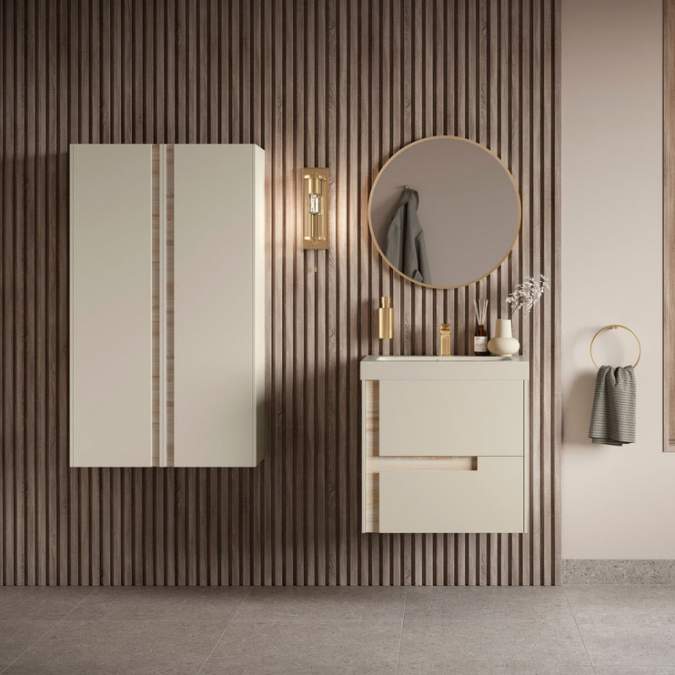 Jux Wall Hung 605mm Matt Cotton and Oak Effect 2 Drawer Vanity Unit