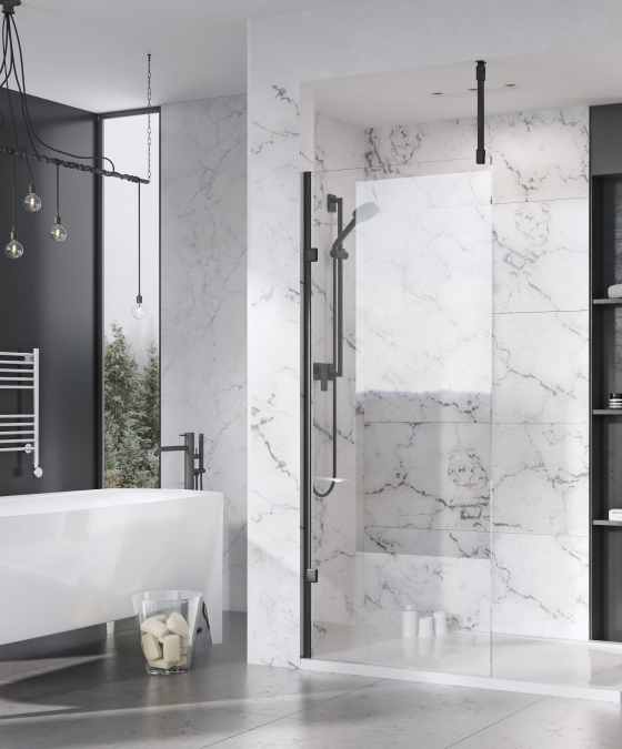 Roman Liberty 757mm Matt Black Wetroom Panel with Clear Glass Corner