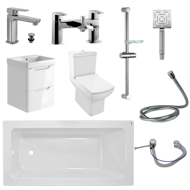 Jaquar Kubix Complete Bathroom Suite In Chrome Including Gloss White Wall Hung Vanity Unit  & 1700mm Bath