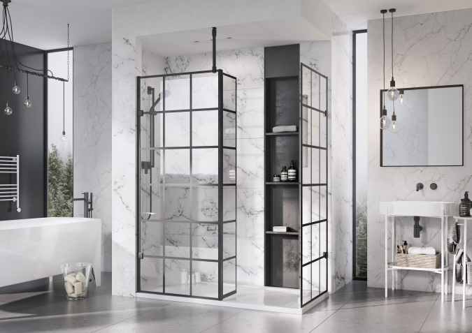 Roman Liberty Matt Black Grid Wetroom Panel - 1157mm