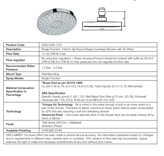 Curated visual reference: Gallery Detail: Jaquar 140Mm Chrome Round Over Head Shower With Air Effect