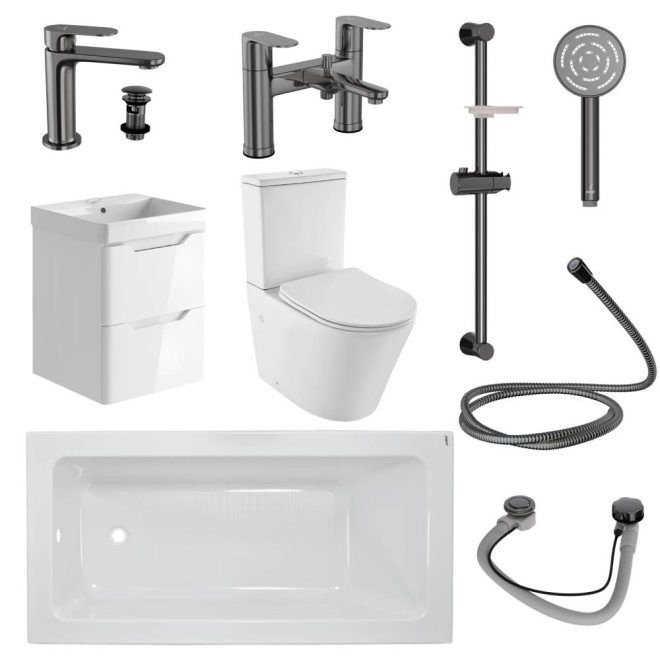 Jaquar Opal Prime Complete Bathroom Suite In Black Chrome 1700mm Bath & Wall Hung Vanity Unit