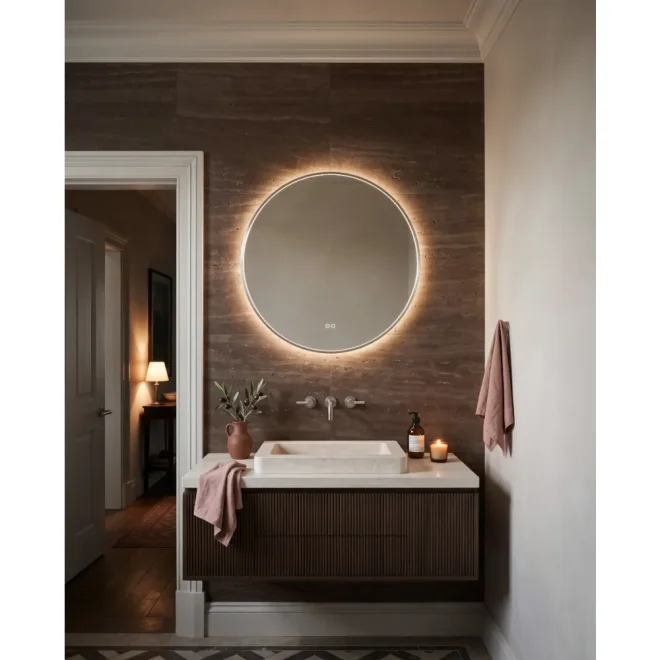 Origins Living Kingsley 80 Round Illuminated Brushed Nickel Mirror