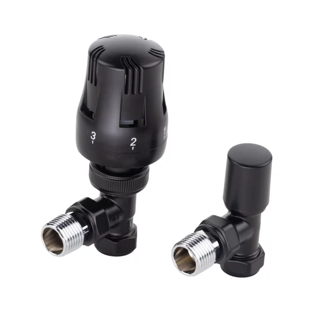 ECO Satin Black Angled TRV Thermostatic Radiator Valve & Lock Shield