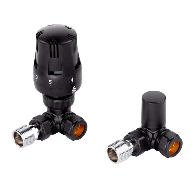 ECO Satin Black Corner TRV Thermostatic Radiator Valve & Lock Shield
