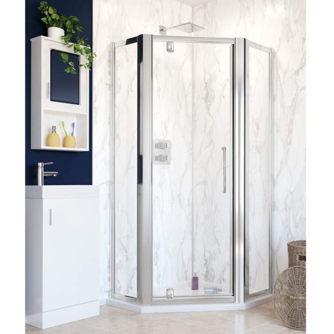 Lakes Classic Semi-Framed Pentagon Bi-fold Shower Door with Side Panels - Silver