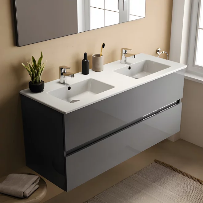 Ideal Standard Eurovit+ 1200mm Mid Grey Wall Mounted 2 Drawer Unit and Twin Basin
