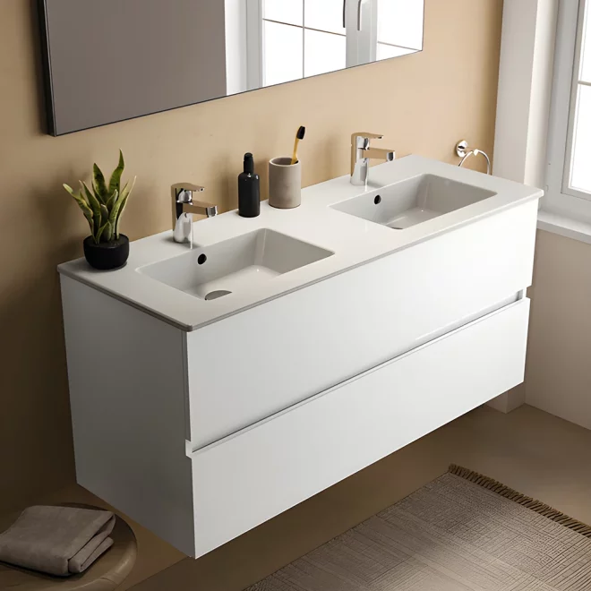 Ideal Standard Eurovit+ 1200mm Gloss White Wall Mounted 2 Drawer Unit and Twin Basin