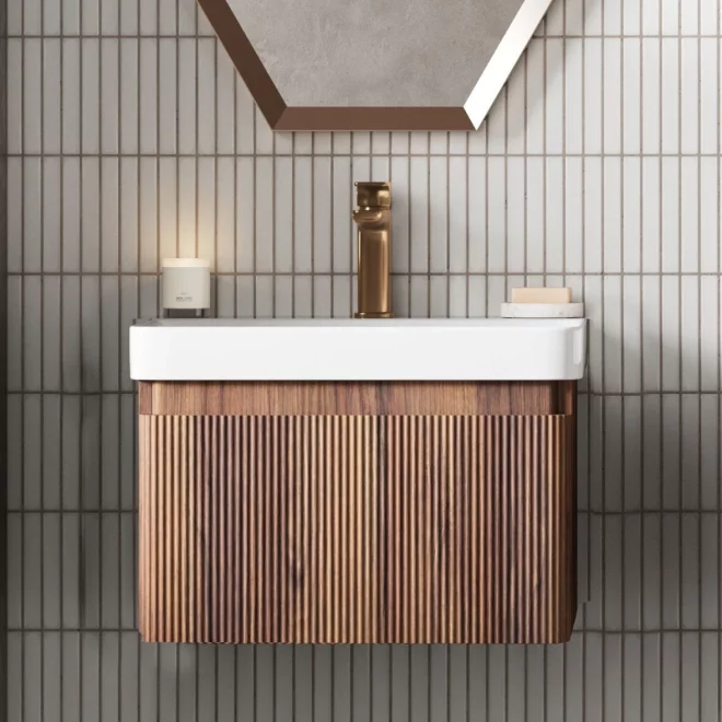 Ancona 500mm Textured Walnut 1 Drawer Wall Hung Vanity Unit with Basin