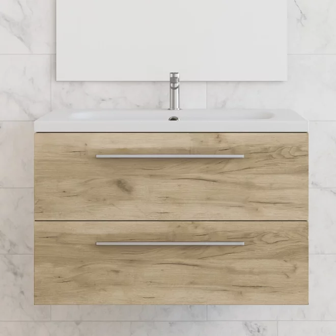 Vouille 610mm Oak Wall Hung 2 Drawer Vanity Unit & Basin