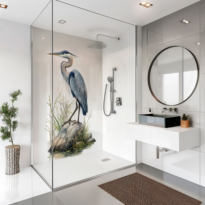 SplashBax Acrylic Shower Panel Blue Crane Bird