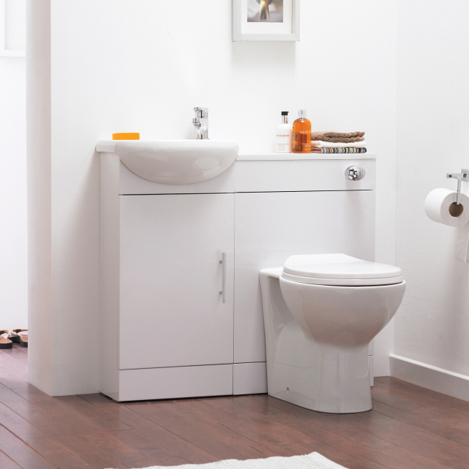 White Gloss Sienna Cloakroom Bathroom Furniture Pack Inc Cistern, Toilet Pan, Seat & Basin - Nuie
